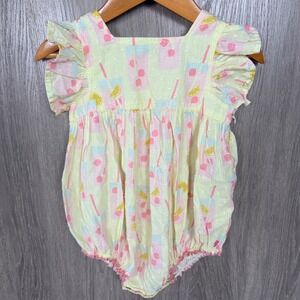 Pink Chicken Bubble Romper Baby Girl 18/24M Yellow Pink Lemonade Swiss Dot Fruit